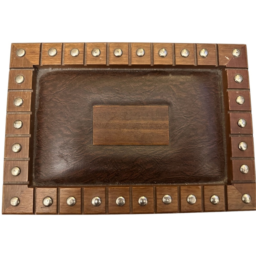 London Leather Vintage Wood & Leather Jewelry Box, Hammered Brass Studs